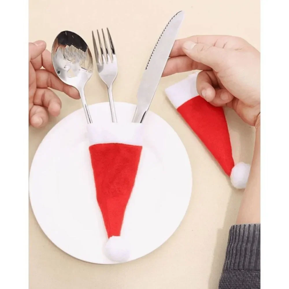 4pcs Christmas Hat Shaped Fabric Cutlery Holder, Christmas Hat Utensil Pouch